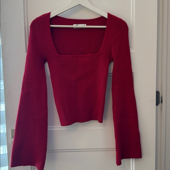 Hollister Red Square Neck Slim Sweater Bell Sleeves Cotton Blend - Picture 3 of 7